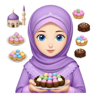 Turkish beautiful finish Konya girl blue eyes with lilac floral hijab islamic dress and had on her hand text Eid Mubarak with sweets and celebrating with her friends eid days   sticker