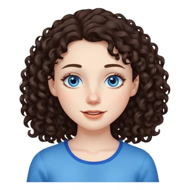 girl with dark brown curly hair, pale skin, blue eyes, some freckles, winking sticker