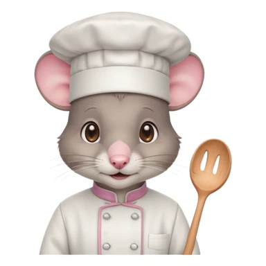 gray mouse with large round ears, brown eyes, and a small pink nose, wearing a white chef’s hat sticker
