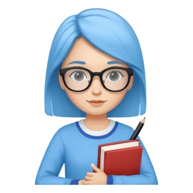 cute girl, glass, smart, Sky-blue colored clothing,
holding a book in one arm and a pen in the other hand.Holding a pen in the right hand as if teaching.Wearing black glasses, with a smart and bright-looking face. sticker