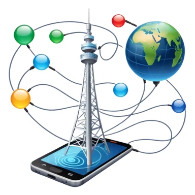 An icon featuring a communication tower with signal waves, satellites in orbit, and fiber optic cables. The design includes a smartphone, message bubbles, and a globe with connection lines, symbolizing global communication networks. Transparent background  sticker