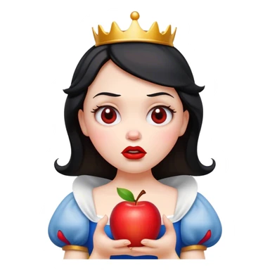 Cinematic Funny Snow White Portrait Emoji, Holding an apple with a suspicious expression, one eyebrow raised, lips pursed as if questioning her life choices, a hilariously relatable fairy tale moment! sticker