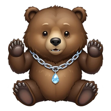 Complete view of serious grizzly bear on four paws, dark brown fur, whole body shown from head to tail, thick ice chain collar sticker