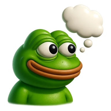 make a pepe in bright green smiling with thought bubble looking at right side in 3d style, good highlights and shadows, drop shadows sticker