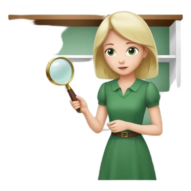white empty shelf in perspective view with a standing woman nearby, she is looking at the shelfs with a magnifying glass, she is turned to the shelfs, woman wearing a green dress sticker