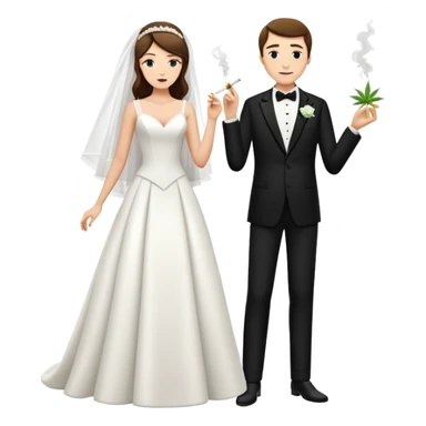 A bride in white wedding dress and groom in tuxedo, full body, smoking cannabis, side by side sticker