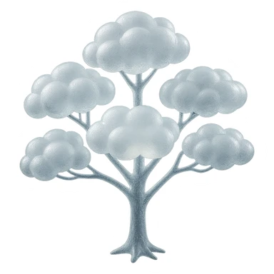 one tree with many branches and a white trunk, crown made of small very bright white fluffy convex clouds, matte glass style sticker