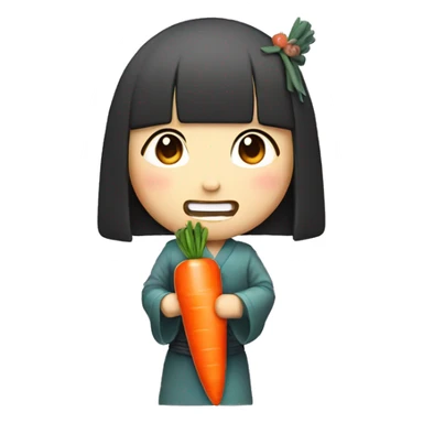 Japanese girl with dagger teeth holding a carrot sticker