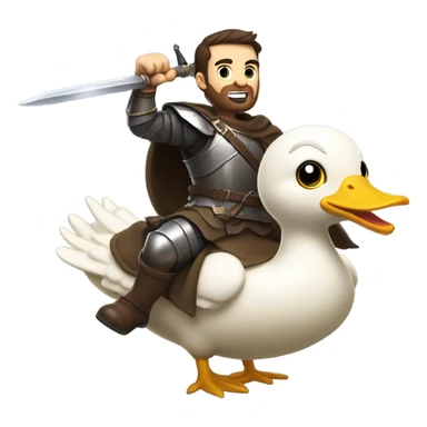 Confident armored White Man with dark brown hair and a short beard pointing forward with one arm holding a sword and yelling a battle charge while riding on the back of a giant duck sticker