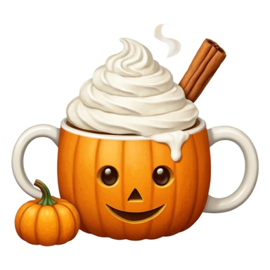 Steaming coffee Mug with whipped Cream and cinnamon Dust on Cream.  Small Punkin and 3 sticks of cinnamon next to mug sticker