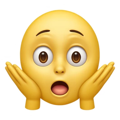 A 3D glossy yellow emoji of a shocked horrified face, with mouth and eyes are wide open, eyebrows  raised, and hands against their cheeks, face without nose, black background, high quality, soft studio lighting sticker