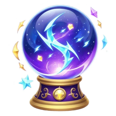 A mystical, glowing crystal ball with swirling sparkles and lightning bolts inside, with tarot cards spread out on the table around the ball, surrounded by zodiac signs and planets floating in space. Use bright purples, blues, and golds to create a magical, mysterious vibe. transparent background.  sticker