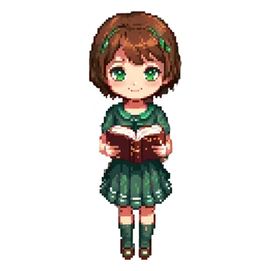 pixel art chibi girl with short brown hair, large sparkling eyes, green dress, book in hand, smiling gently, standing facing forward, bright colorful palette, soft shading sticker