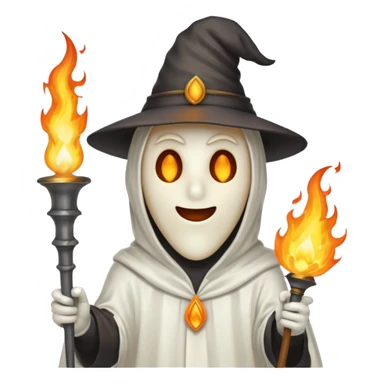 A man in a ghost costume with a pointy hat and torch sticker