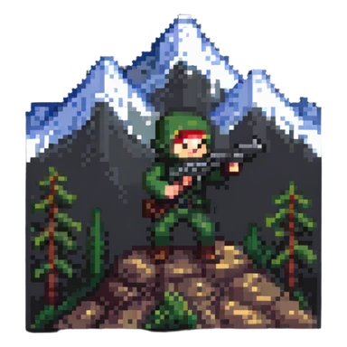 Small pixelated character with a gun shooting at a mountain with enemies sticker