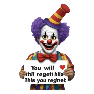 Clown holding a sign stating, "you will regret this" sticker