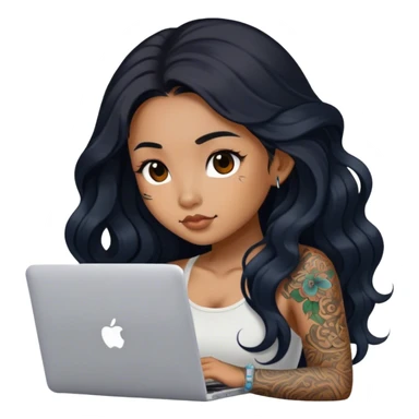 beautiful brown girl, with tattoos, with the long black hair, wavy hair, chinese, with laptop sticker
