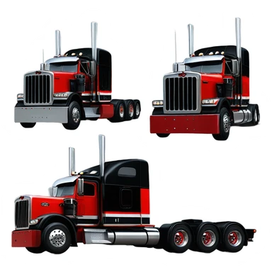 Peterbilt 389 black with red frame with flat top and slash cut exhaust stacks and dual rear tires and flat bumper sticker