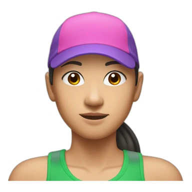 asian woman wearing a green sports cap backwards on her head a wearing a pink and purple singlet sticker
