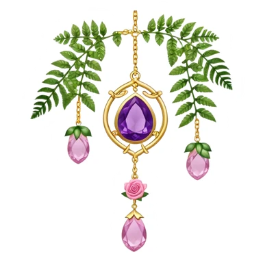 Hanging suncatcher, gold chains with shiny sparkly amethyst and rose-quartz gemstones, roses, fern-leaves  sticker