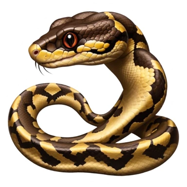A photo-realistic digital illustration of a Ball Python, large headshot portrait. The snake has a short, rounded snout, smooth contours, and a calm, curious expression. Its head is warm brown with bold, irregular dark markings, including the signature “alien-head” pattern.  sticker
