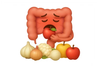 EMOJI STILE IPHONE DI UN INTESTINO UMANO IN CRISI PERCHé STA MALE, IN BOCCA HA UNA MELA E DAVANTI A LUI C'è UNA MONTAGNA DI aglio, cipolle, cavolfiore e mele sticker