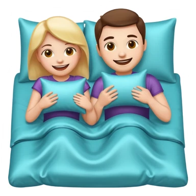fun emoji depiction of a couple enjoying a pillow game on a bed with glossy silk sheets, happy and energetic sticker