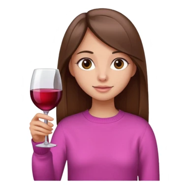 Girl with long straight brown hair, brown eyes holding glass of wine, wearing a pink sweater sticker