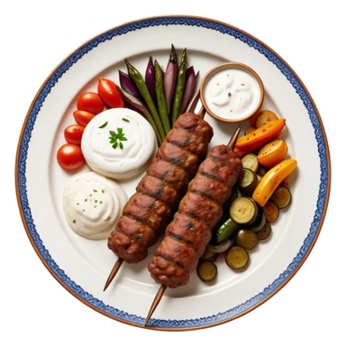 Cinematic Realistic image of a long, hand shaped Turkish Köfte, rendered with richly spiced meat textures and subtle grill marks, artfully arranged on a traditional Turkish ceramic plate alongside classic sides such as a serving of aromatic pilaf, crisp grilled vegetables, and a dollop of creamy yogurt, all bathed in warm, appetizing lighting that emphasizes its savory allure. sticker