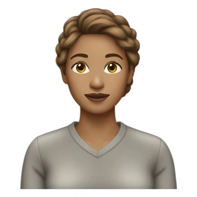 A woman with a light skin, brown hair and a gray pull over sticker