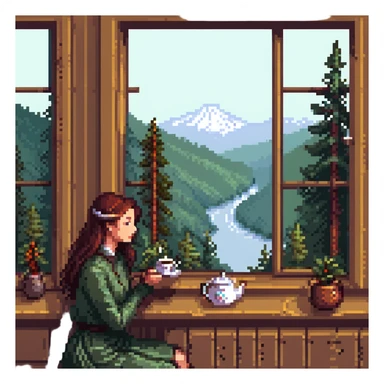 A woman enjoying tea by a window with a forest view sticker