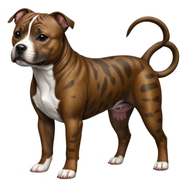 cinematic-[Staffordshire bull terrier]-realistic-full-body-standing-emoji,-tail-resting-loosely-beside-its-paws,-head-tilted-dramatically, -sleek-[brindle]-fur,-simplified-yet-realistic-focused-features,-highly-detailed,-glowing-with-an-almost-sarcastic-glow sticker