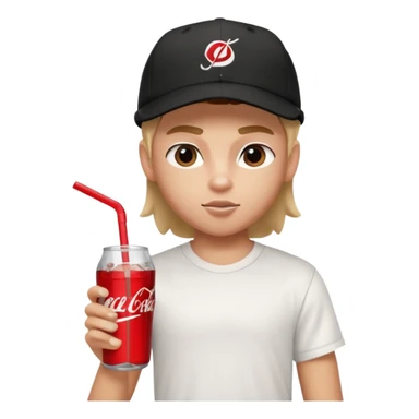 generate a pretty bratz boy with a nike black baseball cap, a white tshirt and drinking coke  sticker