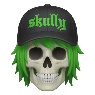 Create a skeleton head wearing a black baseball cap that says "skully" in green lettering, with green emo hair sticker