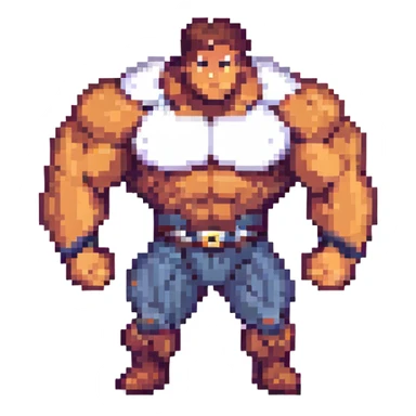 a muscular hero, pixel art style sticker