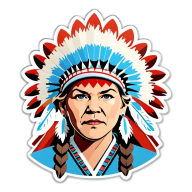 Make a picture of Senator Elizabeth Warren with a traditional Native American headdress make it less cartoonish without the braids make it more realistic  sticker