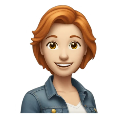 redhead white woman with medium long straight hair, greets smiling, with jeans and romantic blouse sticker