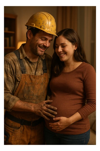 The construction worker and his pregnant wife sharing a quiet moment after the repair, his hands still dirty, her hand on her belly, both smiling, homey background with warm lighting. sticker