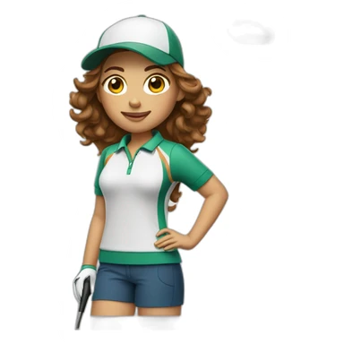 female with brown wavy hair dressed in golfwear with golf gear sticker