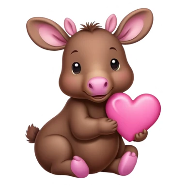 A baby moose holding a pink heart sticker