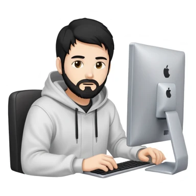 male coder with black hair, beard, and white skin, wearing a hoodie, sitting in front of a computer, focused on coding sticker