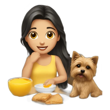 petite girl dark hair making breakfast with norwich terrier sticker