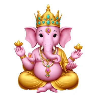 A cute and detailed emoji-style Lord Ganesha idol, with an elephant head, big ears, wearing a crown and ornaments, sitting on a lotus, holding a modak, vibrant colors, divine aura sticker