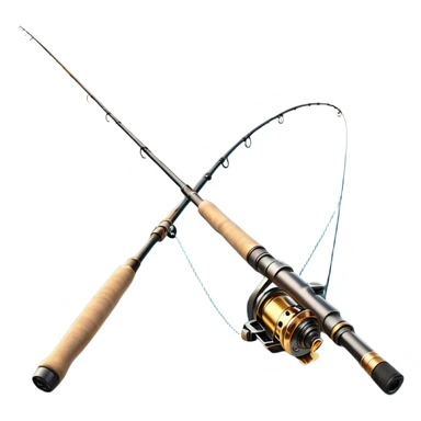 Cinematic Realistic Fishing Rod, sleek graphite rod with a smooth, polished reel, thin line disappearing into a shimmering lake, warm golden sunlight reflecting off the water, glowing with a tranquil and adventurous aura. sticker