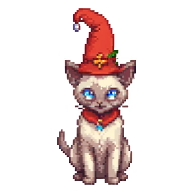 A pixel art image of a Siamese cat wizard with a red hat. sticker