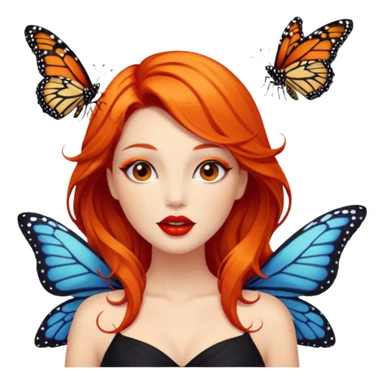 A siren with dark orange hair, red lips playing with a Monarch butterfly sticker