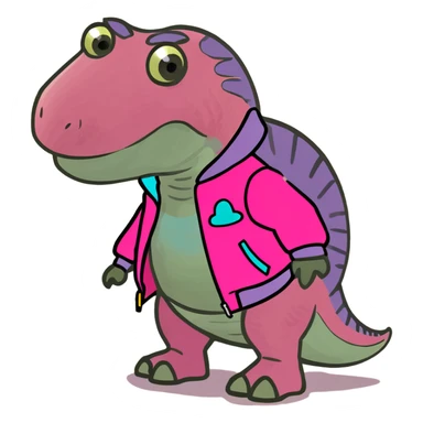 Haz un dinosaurio con sandalias fucsia y chaqueta lila sticker