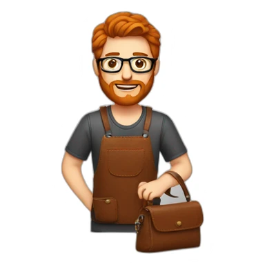 Red smooth haired man with beard and glasses sewing a leather bag by hand sticker