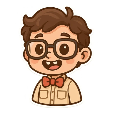 cheerful nerd with bow tie, big glasses, tooth gap, friendly and quirky sticker