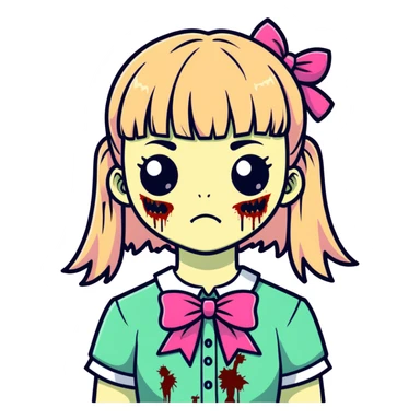 zombie girl with bangs, medium light hair and a pink bow sticker